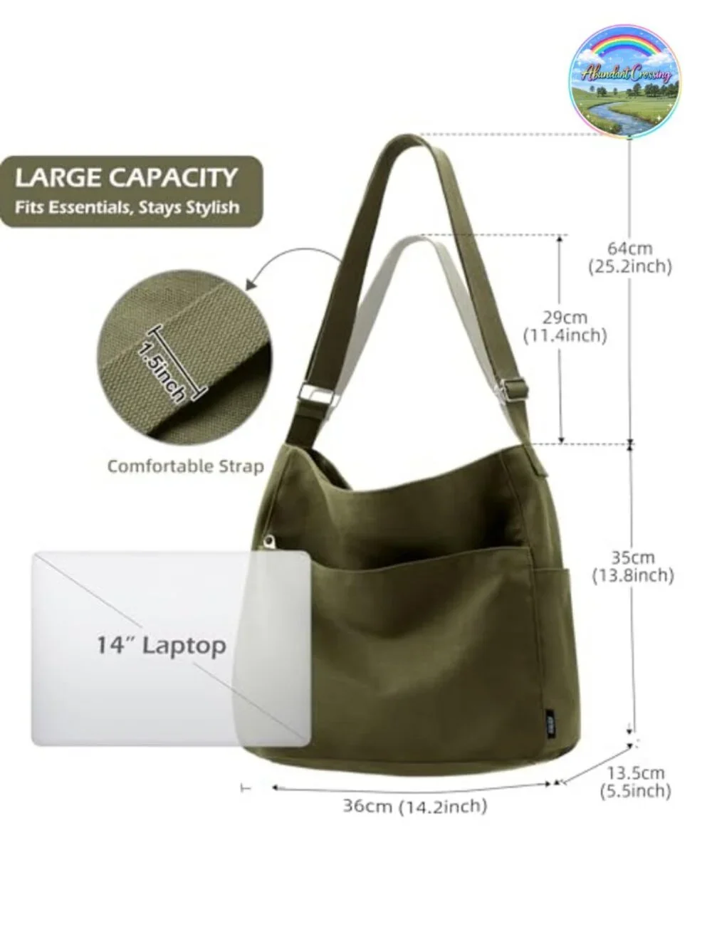 Canvas Tote Bag Large Zipper Crossbody Shoulder Hobo Purse